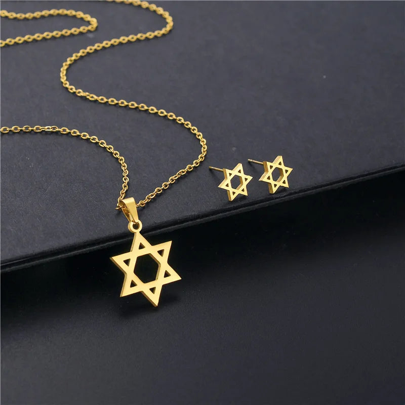 Davidstern-Anhänger, Halskette, Ohrringe, Set, weiblich, goldfarben, Edelstahl, niedlich, klein, Modeschmuck-Sets für Frauen und Mädchen