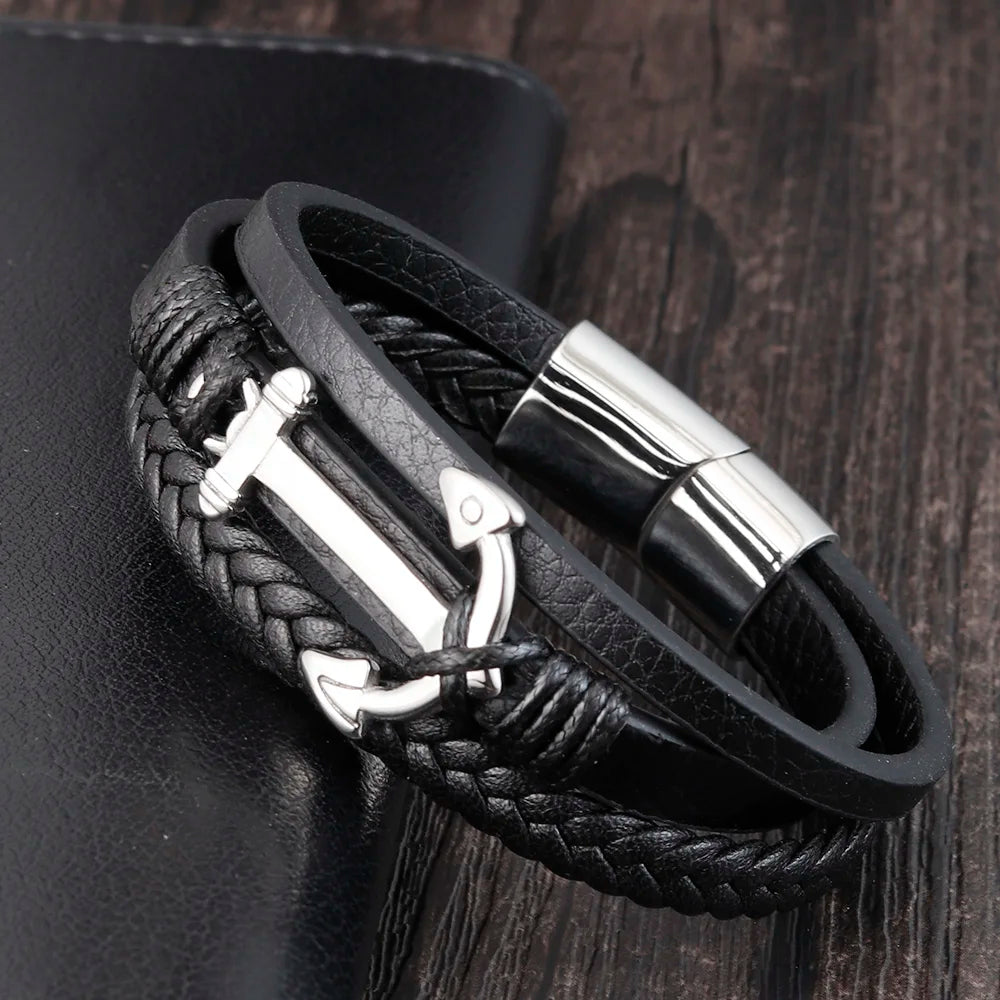Punk Edelstahl Anker Armbänder Echtes Leder Armband & Armreifen für Männer Schmuck Schwarz Farbe Mode Geschenk