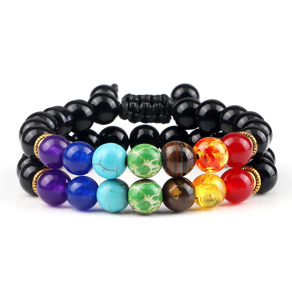 2 Stücke Naturstein 7 Chakra Heilung Perlen Einstellbare Geflochtene Armbänder Männer 8mm Lava Stretch-armband Frauen Reiki Buddha Schmuck