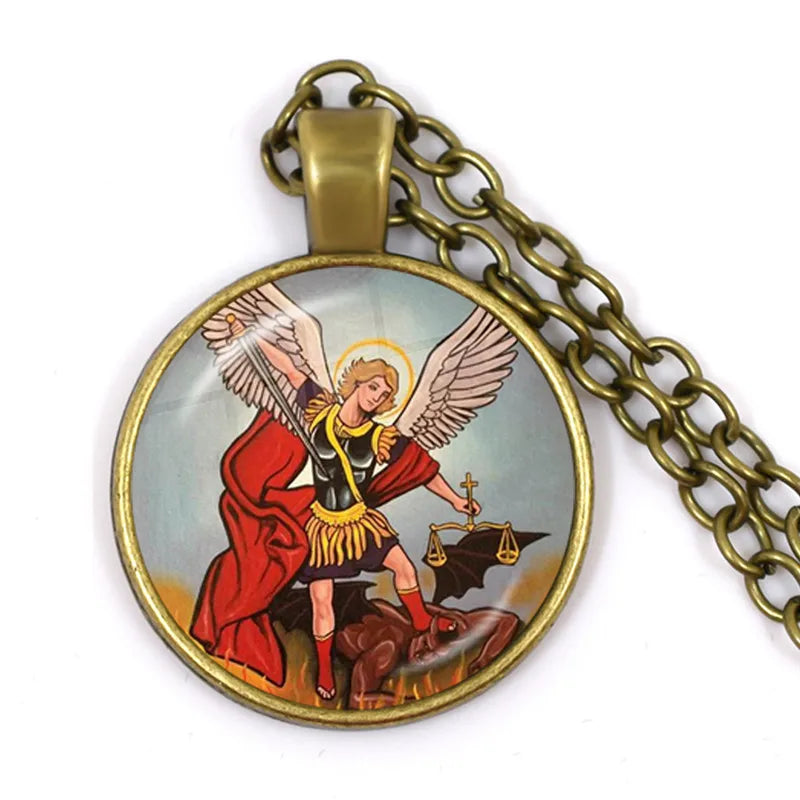 1 Stück 25 mm Glas-Cabochon-Halskette Erzengel St. Michael Protect Me Saint Shield Schutz Charm Russischer Orhodoxer Anhänger Schmuck