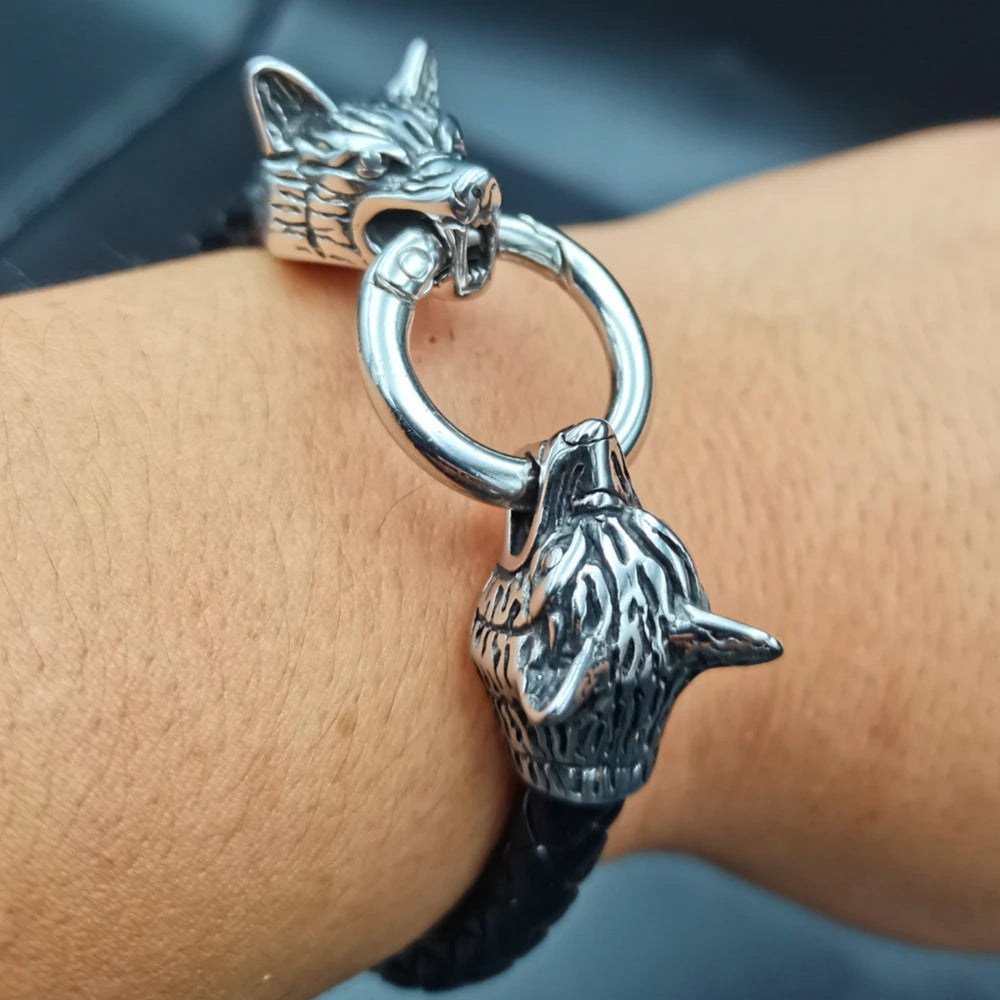 Dropshipping 1 stücke rune perle Wolf Kopf leder Armband Edelstahl viking Armband armreif für Männer schmuck