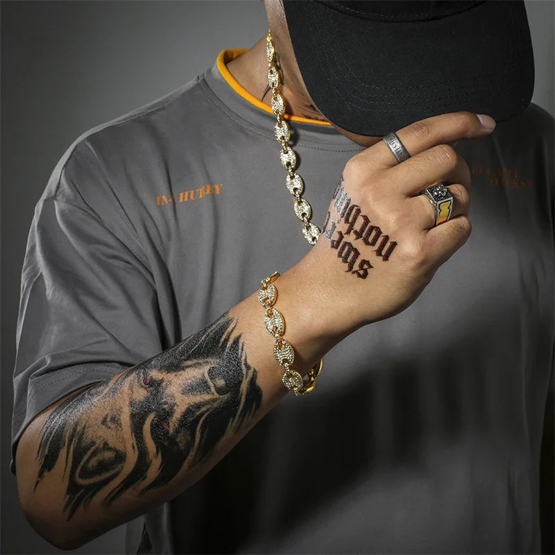Iced Out Kaffeebohne Strasssteine Punk Miami Kubanische Halsband Halskette Armband Statement Hip Hop Große klobige dicke Kette Halskette
