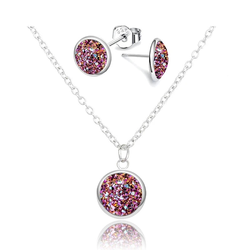 Mode Drusy Runde Anhänger Halskette Ohrringe Schmuck Sets für Frauen Anti allergie Bling Stud Ohrringe Sets Frauen Party Halskette