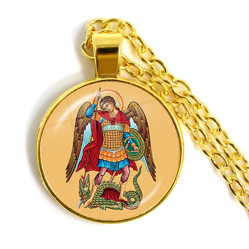 1 Stück 25 mm Glas-Cabochon-Halskette Erzengel St. Michael Protect Me Saint Shield Schutz Charm Russischer Orhodoxer Anhänger Schmuck