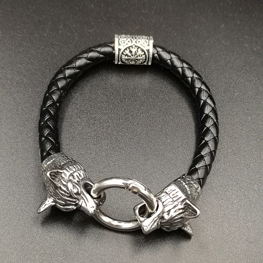Dropshipping 1 stücke rune perle Wolf Kopf leder Armband Edelstahl viking Armband armreif für Männer schmuck