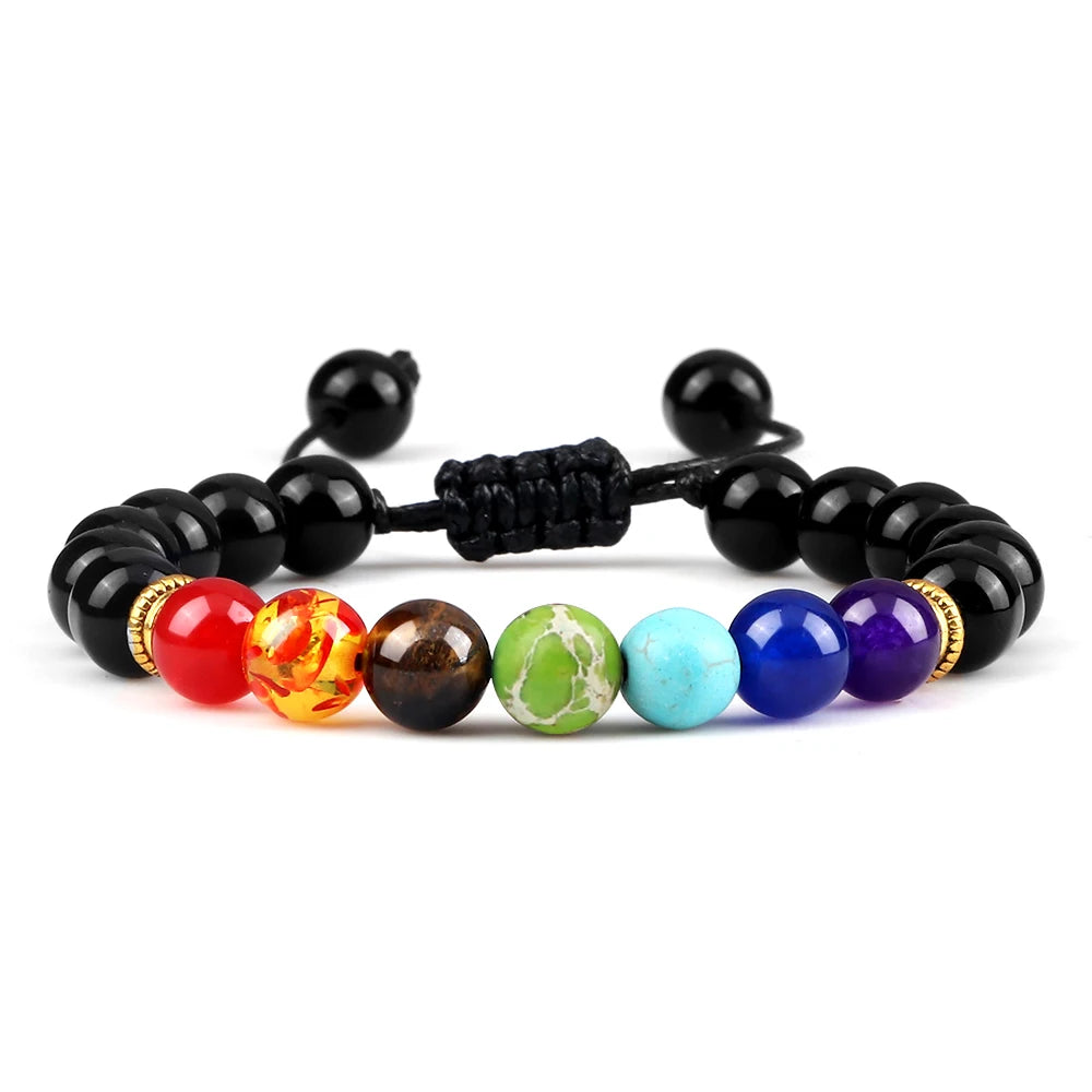 2 Stücke Naturstein 7 Chakra Heilung Perlen Einstellbare Geflochtene Armbänder Männer 8mm Lava Stretch-armband Frauen Reiki Buddha Schmuck