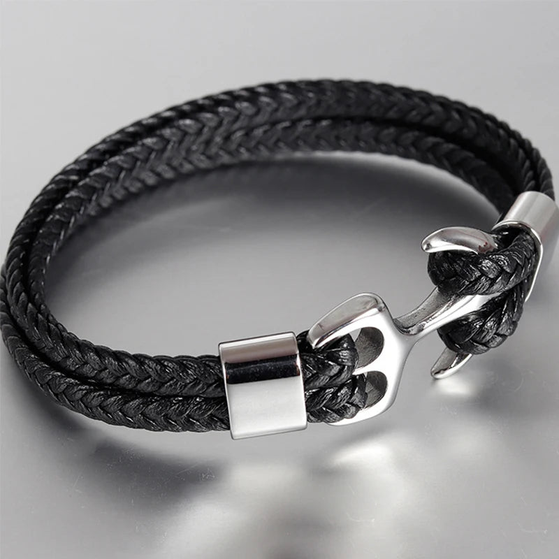 Punk Edelstahl Anker Armbänder Echtes Leder Armband & Armreifen für Männer Schmuck Schwarz Farbe Mode Geschenk
