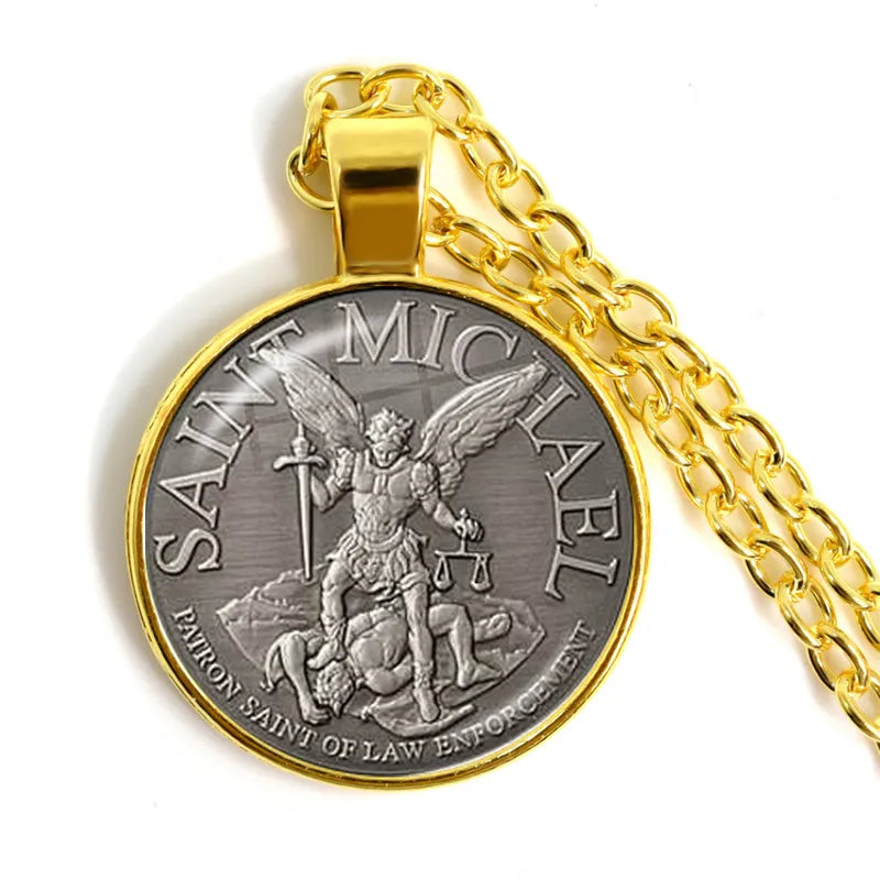 1 Stück 25 mm Glas-Cabochon-Halskette Erzengel St. Michael Protect Me Saint Shield Schutz Charm Russischer Orhodoxer Anhänger Schmuck
