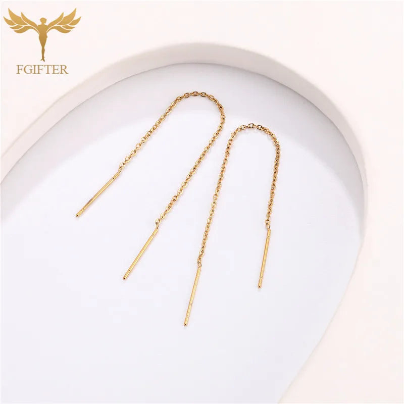 Goldene Kettenohrringe für Frauen und Mädchen, Edelstahl-Glieder, Doppel-Piercing-Ohrschmuck, langer Faden, Quaste, baumelnde Ohrringe