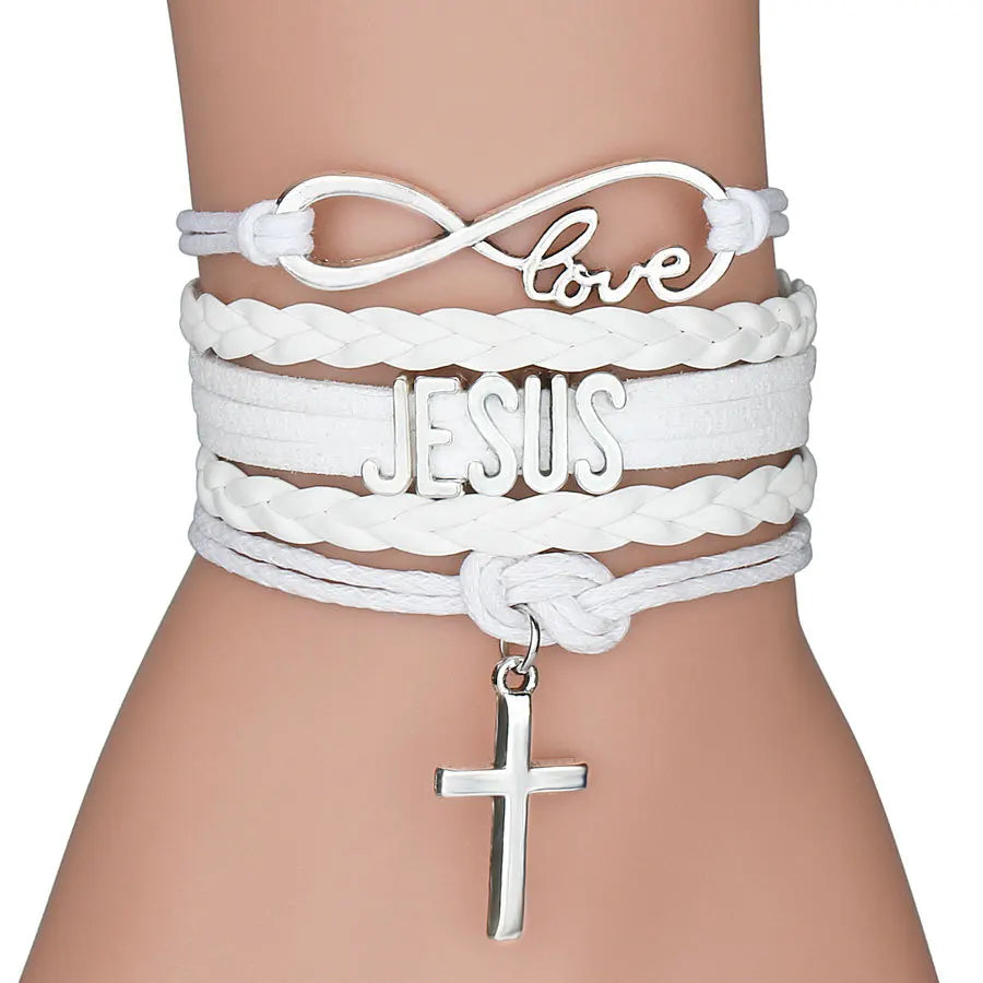 Mehrschichtiges Lederarmband „Jesus Loves Letter“, mehrschichtiges Wickelkreuz, christliche Lederarmbänder für Männer und Frauen, klassischer Schmuck