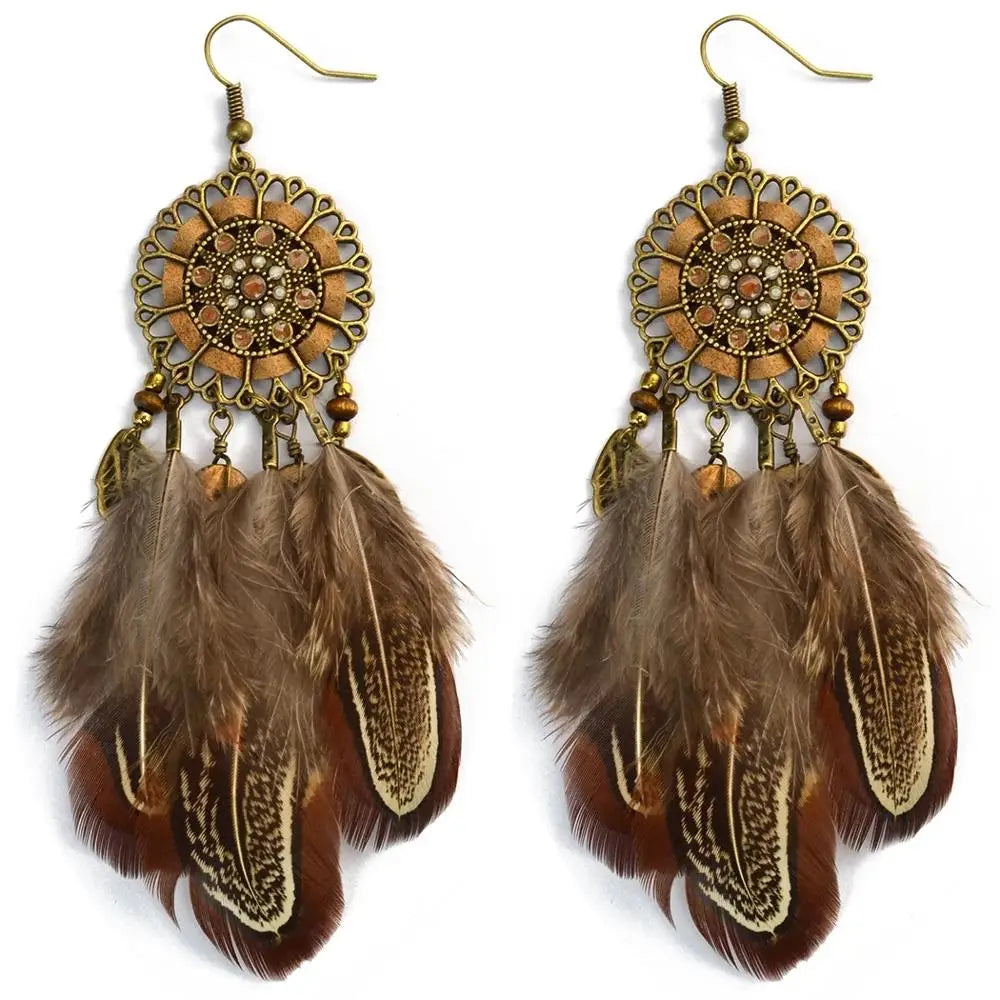Mode Lange Quaste Braune Feder Braut Hochzeit Ohrringe Böhmischen Vintage Holz Perlen Baumeln Ohrringe Für Frauen Indischen Schmuck