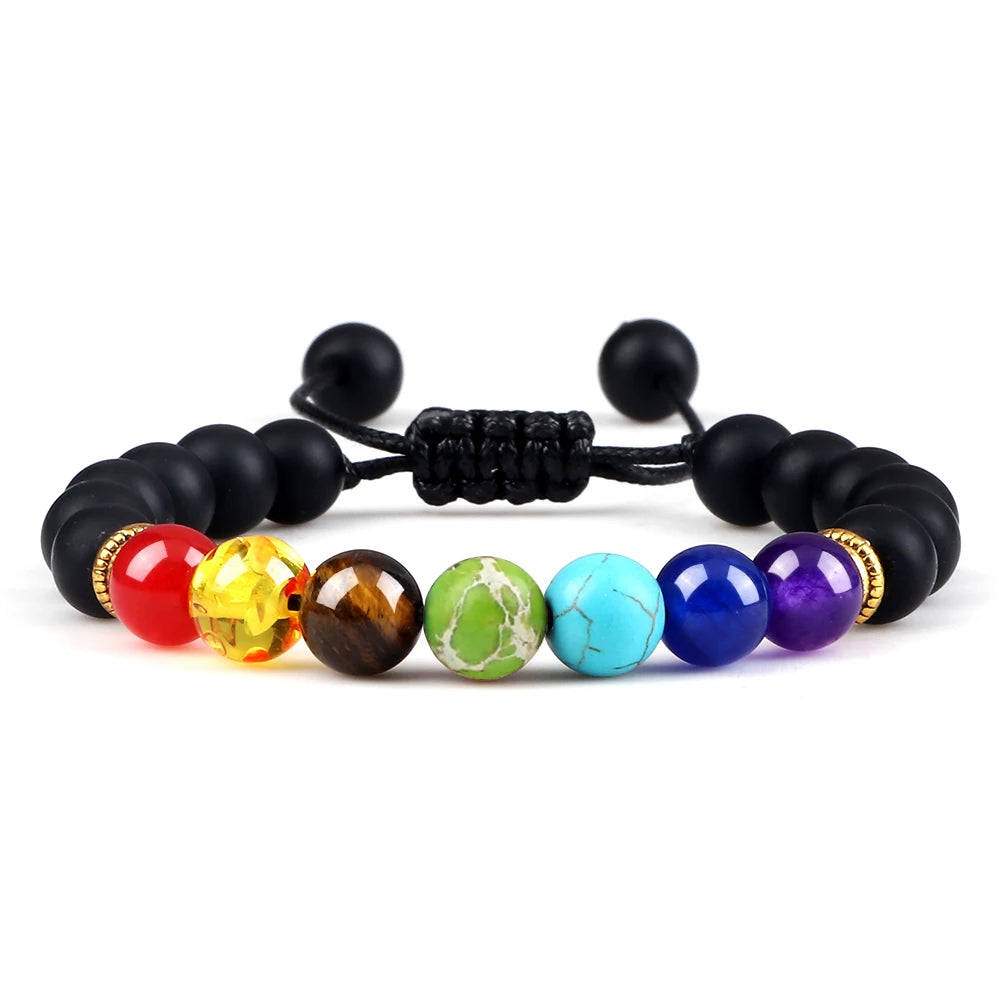 2 Stücke Naturstein 7 Chakra Heilung Perlen Einstellbare Geflochtene Armbänder Männer 8mm Lava Stretch-armband Frauen Reiki Buddha Schmuck