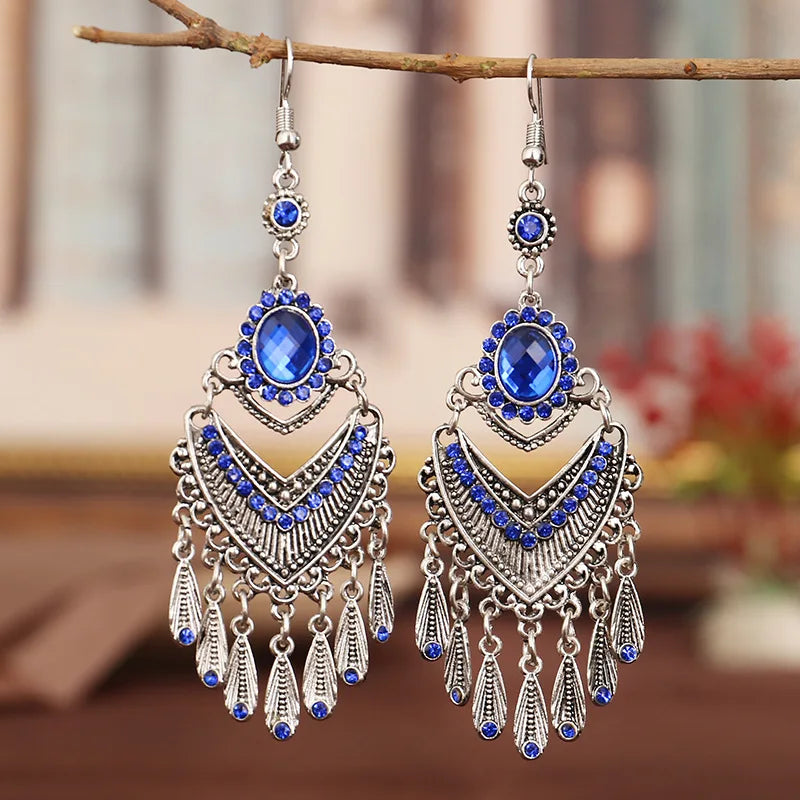 Vintage Mehrfarbige Kristall Strass Böhmische Ohrringe Für Frauen Ethnische Gypsy Geometrische Quaste Layered Boho Statement Ohrringe