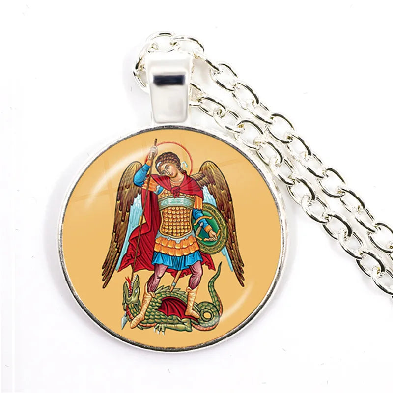 1 Stück 25 mm Glas-Cabochon-Halskette Erzengel St. Michael Protect Me Saint Shield Schutz Charm Russischer Orhodoxer Anhänger Schmuck