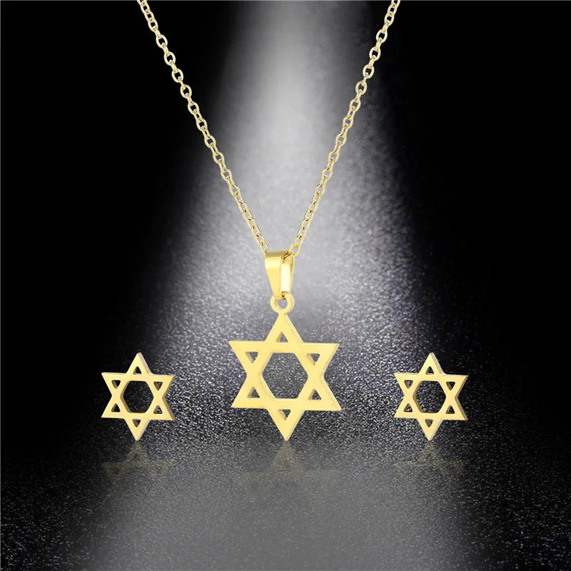 Davidstern-Anhänger, Halskette, Ohrringe, Set, weiblich, goldfarben, Edelstahl, niedlich, klein, Modeschmuck-Sets für Frauen und Mädchen
