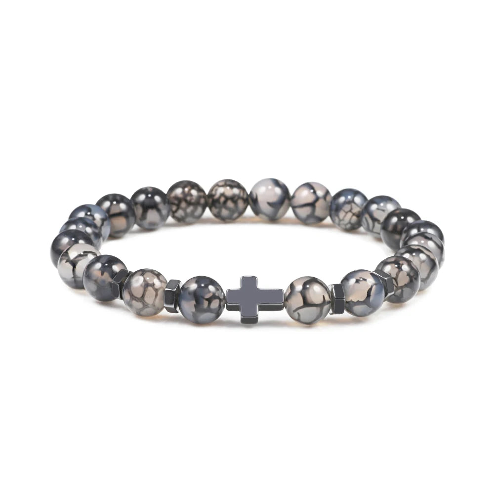 Dropshipping Heißer Männer Natürliche Lava Stein Perlen Armbänder Hämatit Kreuz Rosenkranz Meditation Gebet Jesus Armband Frauen Yoga Schmuck