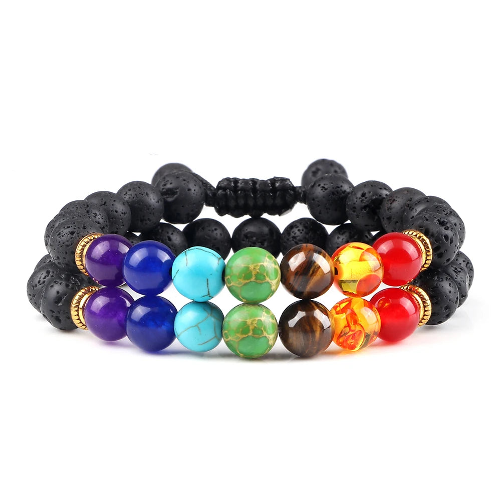 2 Stücke Naturstein 7 Chakra Heilung Perlen Einstellbare Geflochtene Armbänder Männer 8mm Lava Stretch-armband Frauen Reiki Buddha Schmuck