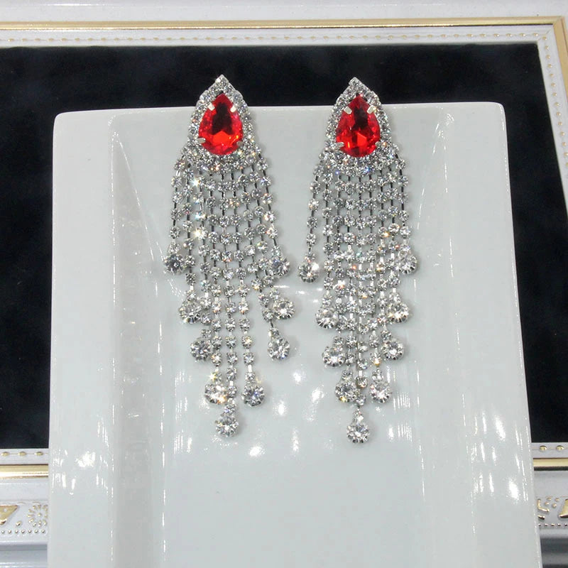 TREAZY Rot Kristall Teardrop Quaste Drop Ohrringe für Frauen Silber Farbe Strass Baumeln Ohrringe Hochzeit Brincos Femme