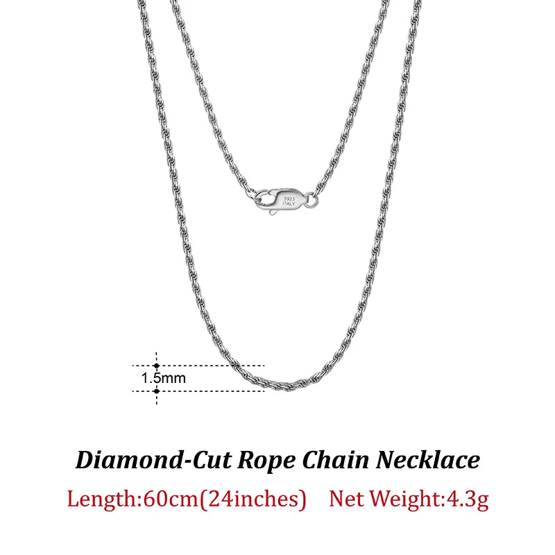 Rinntin Luxus-Halskette aus 925er-Sterlingsilber mit Diamantschliff für Herren und Damen, modischer italienischer Silber-Halskette, Schmuck SC29