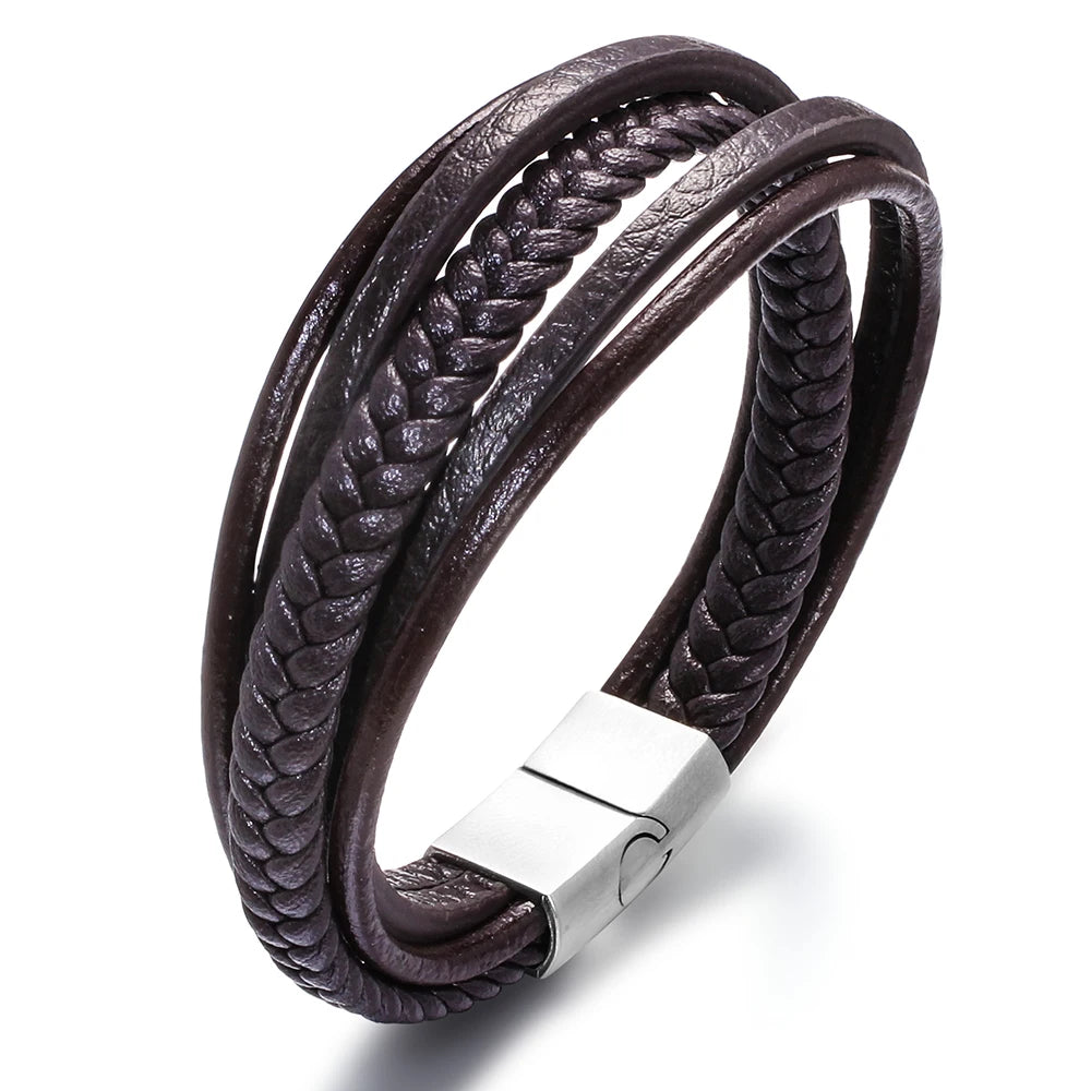 Fünf-runden männer leder armband männer schwarz braun edelstahl unendliche charme echt leder armband mode schmuck