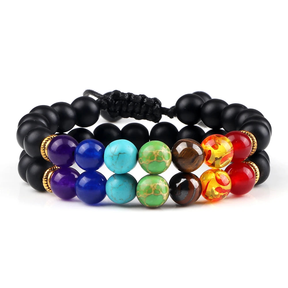 2 Stücke Naturstein 7 Chakra Heilung Perlen Einstellbare Geflochtene Armbänder Männer 8mm Lava Stretch-armband Frauen Reiki Buddha Schmuck