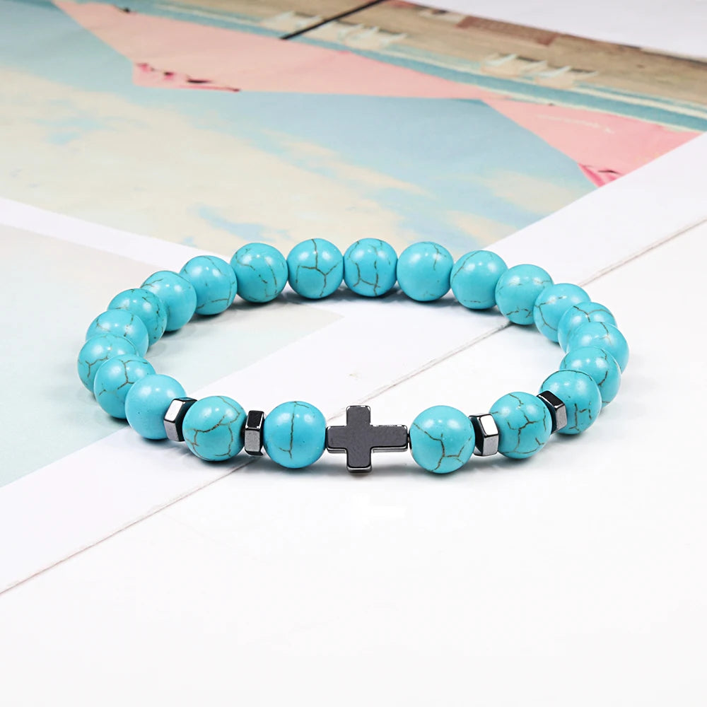 Dropshipping Heißer Männer Natürliche Lava Stein Perlen Armbänder Hämatit Kreuz Rosenkranz Meditation Gebet Jesus Armband Frauen Yoga Schmuck