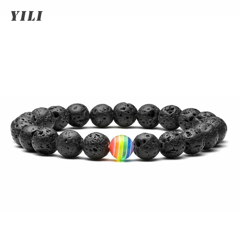 LGBT-Beziehungsarmband Rainbow Pride 8 mm weißes Howlith schwarzes Lavagestein-Armband Natursteinperlen Öldiffusor-Armbänder