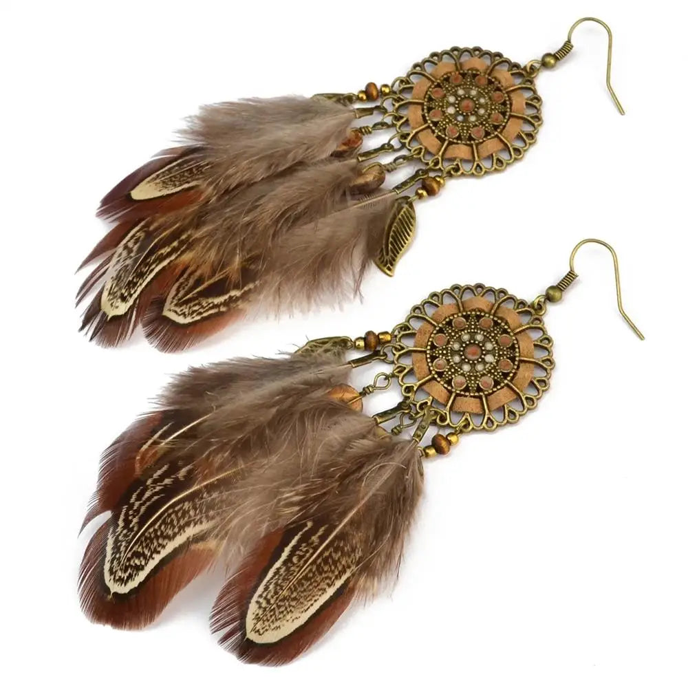 Mode Lange Quaste Braune Feder Braut Hochzeit Ohrringe Böhmischen Vintage Holz Perlen Baumeln Ohrringe Für Frauen Indischen Schmuck