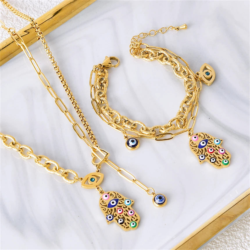 316L Edelstahl Farbige Öl Tropf Palm Augen Anhänger Charme Kette Halsketten Armbänder Ohrringe Mode Hohe Schmuck Party Geschenk