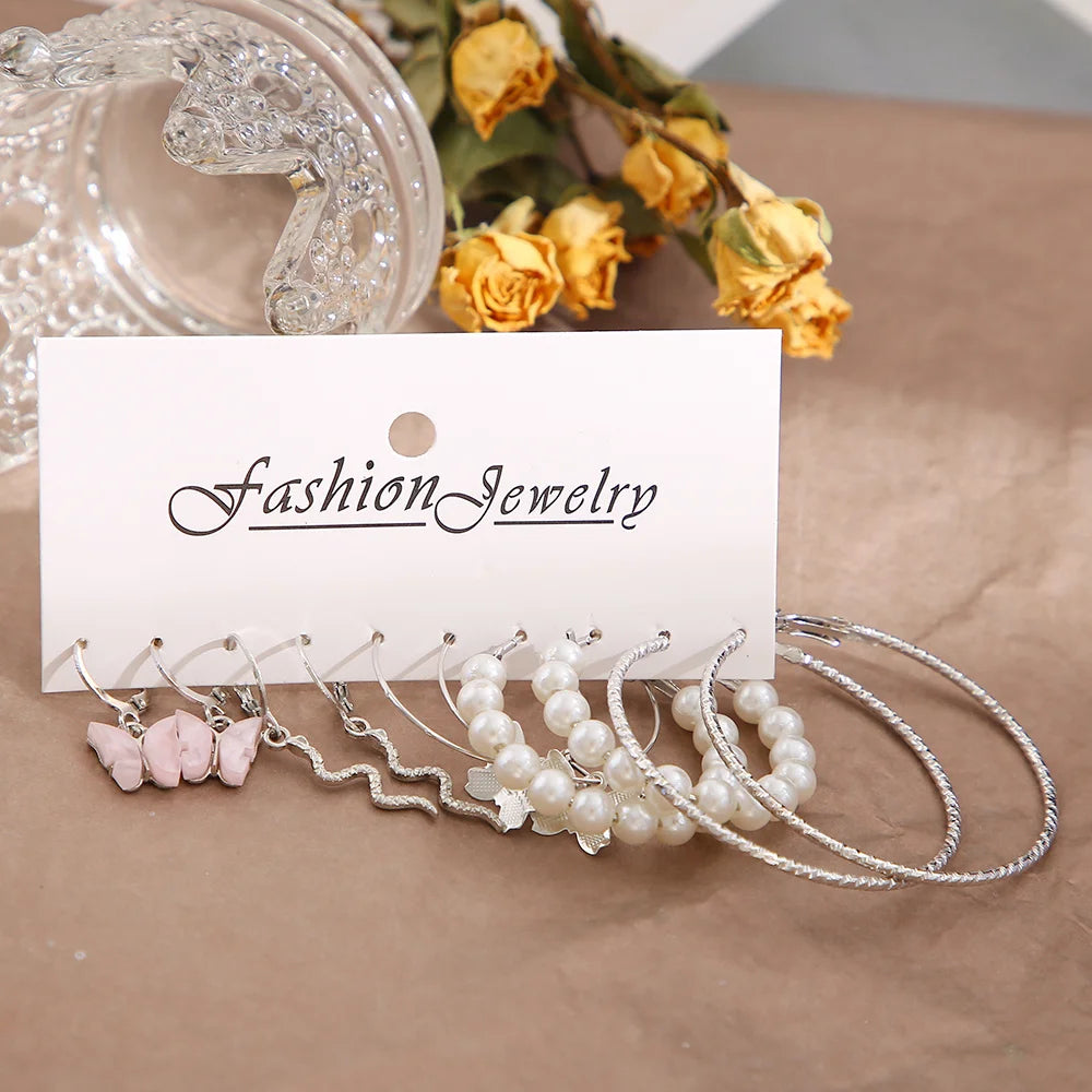 Mode Große Silber Farbe Runde Kreis Perle Hoop Ohrringe für Frauen Mädchen Schlange Schmetterling Baumeln Ohrring Set Weibliche Y2K Schmuck