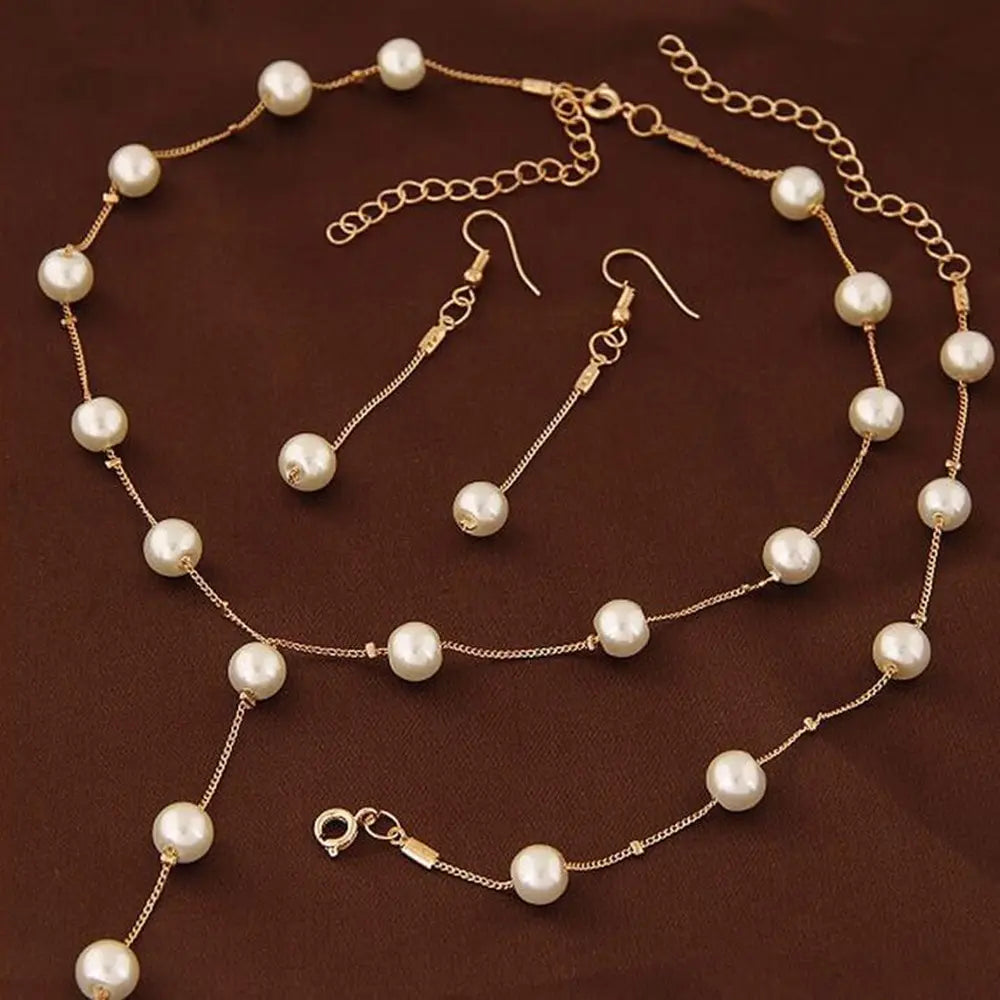 4 stücke Gold-farbe Halskette Ohrring Armband Set Damen Elegante Imitation-Perlen Sammlung Temperament Quaste Schmuck