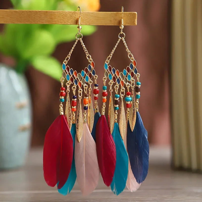 Bohemian Ethnische Feder Baumeln Ohrringe Für Frauen Trendy Lange Quaste Bunte Perlen Tropfen Ohrringe Mädchen Weibliche Boho Schmuck