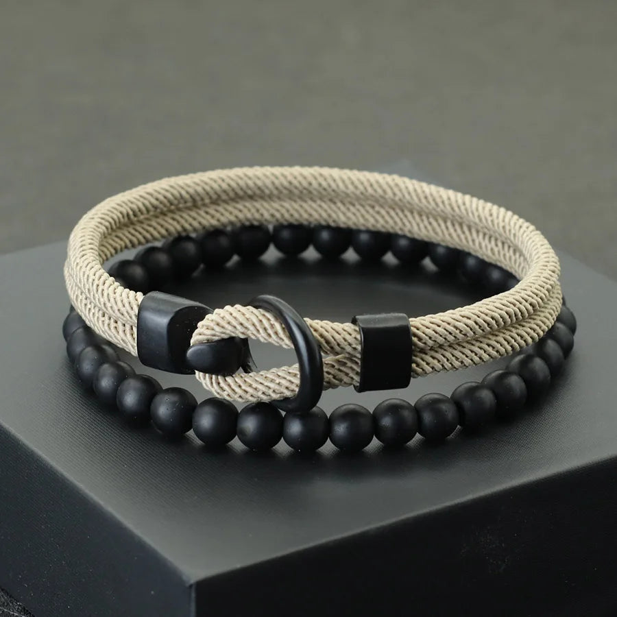 Noter Neue 2 Teile/satz Männer Armband Set Doppel Schicht Seil Nautischen Armband 6mm Schwarz Onyx Stein Armband Freizeit Zubehör pulseria