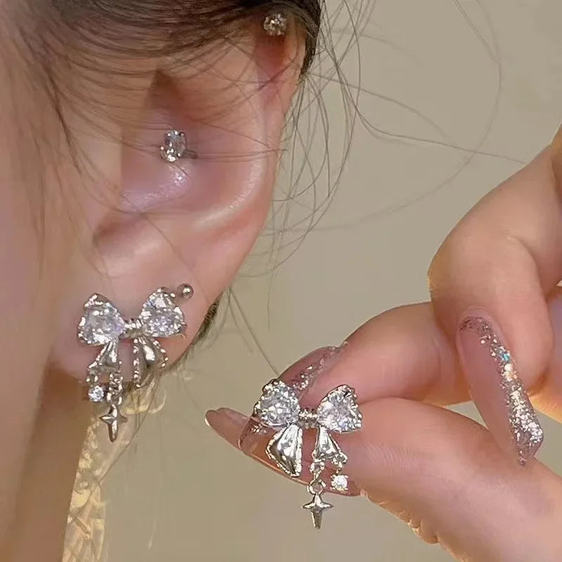 Koreanische Schleifen Ohrring mit weißem Zirkon Damenmode Niedliche rosa Kristall Ohrstecker Y2k Ohrring für Mädchen Party Schmuck Geschenke
