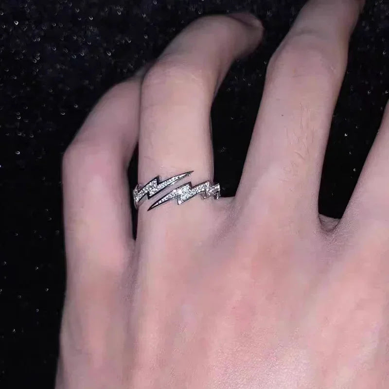 Punk Hip Hop Silber Farbe Zirkon Blitz Offene Ringe für Männer Mode Schmuck Geschenk Kreative Einstellbare Ring