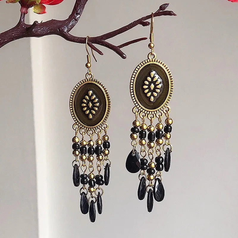 Bohemian Lange Bunte Quaste Perlen Wasser Tropfen Baumeln Ohrringe Für Frauen Vintage Gold Farbe Tropfen Glasur Ohrringe Pendientes Mujer