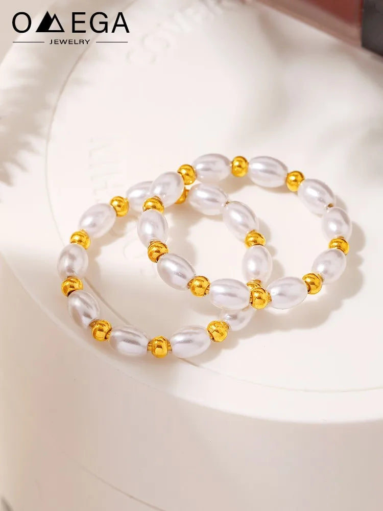 Imitation Perle Gemischte Edelstahl Perlen Ring Für Frauen 18k Gold Überzogene frauen Multi Größe Perlen Ringe Luxus frau Schmuck