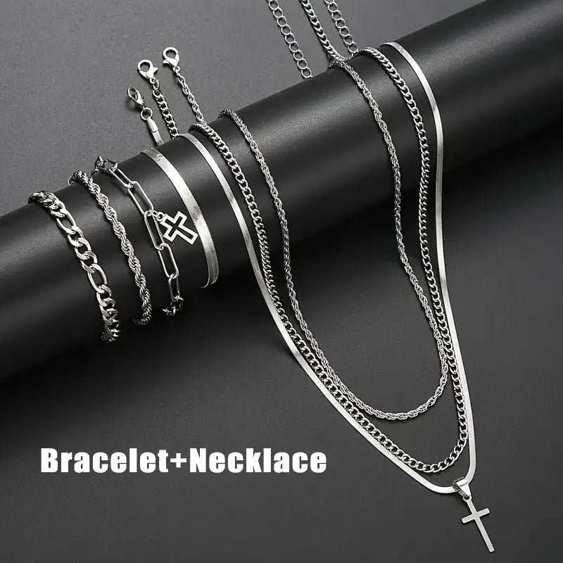 7-teiliges, elegantes, minimalistisches Kreuz-Anhänger-Schmuckset aus Edelstahl für Herren, Kette, Halskette, Armband, Schmuck für den Alltag