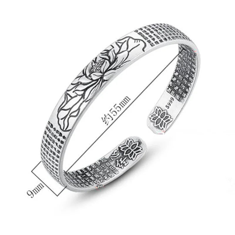 Vintage Silber Sterling Silber Armband großes Mitgefühl Mantra Lotus Herz Sutra Sutra Glück Armband Männer Frauen Schmuck