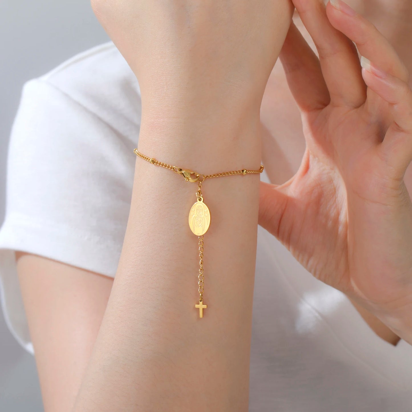 Edelstahl Perlen Kreuz Jungfrau Maria Anhänger Armband Modeschmuck Armband Geschenk für Frau
