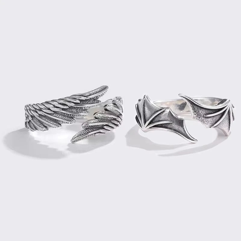 FTCY 2 Stück Vintage Engel Teufelsflügel Verstellbare Ringe für Männer Frauen Hip Hop Retro Silber Farbe Paare Ringe Party Geschenke Schmuck