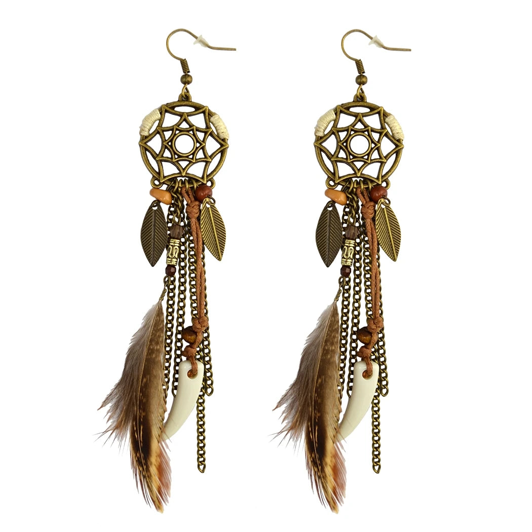 Mode Lange Quaste Braune Feder Braut Hochzeit Ohrringe Böhmischen Vintage Holz Perlen Baumeln Ohrringe Für Frauen Indischen Schmuck