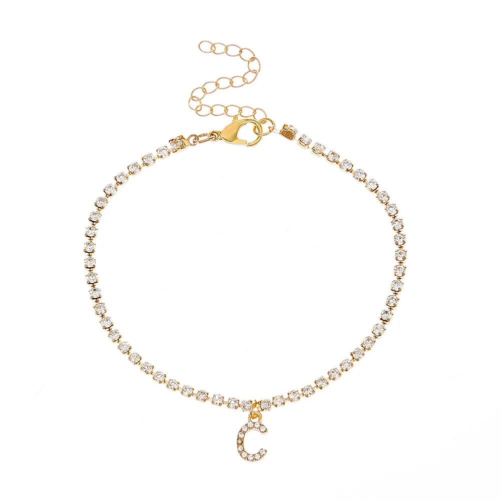 Mode Kreative Initial Buchstaben Alphabet Anhänger Strass Glänzenden Strand Fußkettchen Kette Fuß Schmuck Knöchel Armbänder für Frauen Boho