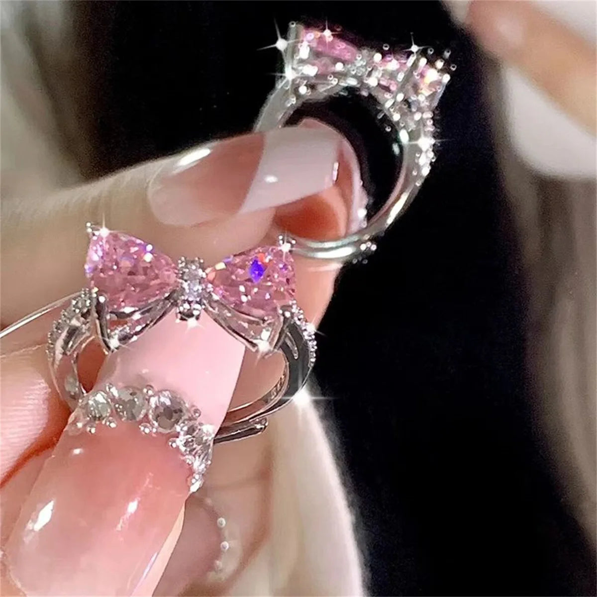 Mode Romantische Rosa Kristall Bowknot Ringe Süße Exquisite Y2K Öffnung Finger Ring Mädchen Geburtstag Party Schmuck Zubehör