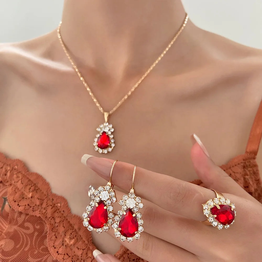 Blauer Kristall Ring Halskette Ohrringe Set Hochzeit Schmuck Sets für Bräute Anhänger Ohrringe für Mädchen Frauen Afrikanische Schmuck Sets