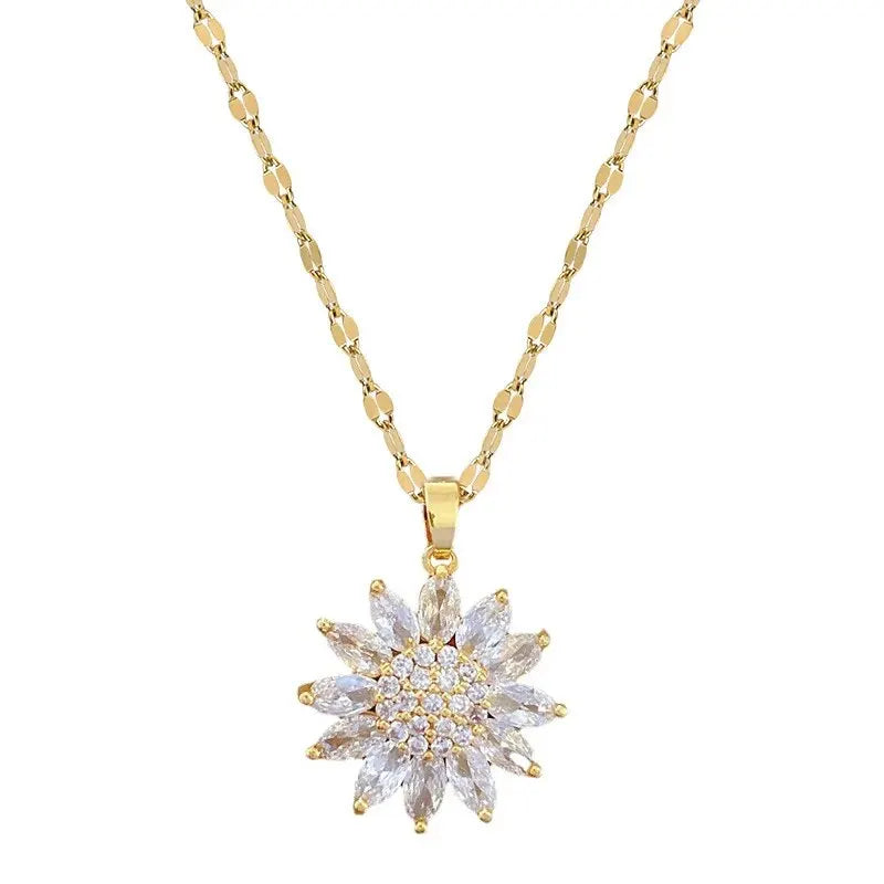 Trend ige Rotation Spin Sonnenblume Edelstahl Zirkon Halsketten für Frauen Metall Kristall Halskette Party Geburtstags geschenke Schmuck