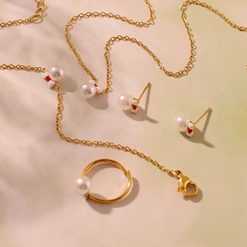 Liora Mode Emaille Bowknot Anhänger Simulierte Perle Halskette Armband Ring Ohrringe Für Mädchen Edelstahl Charme Schmuck Set