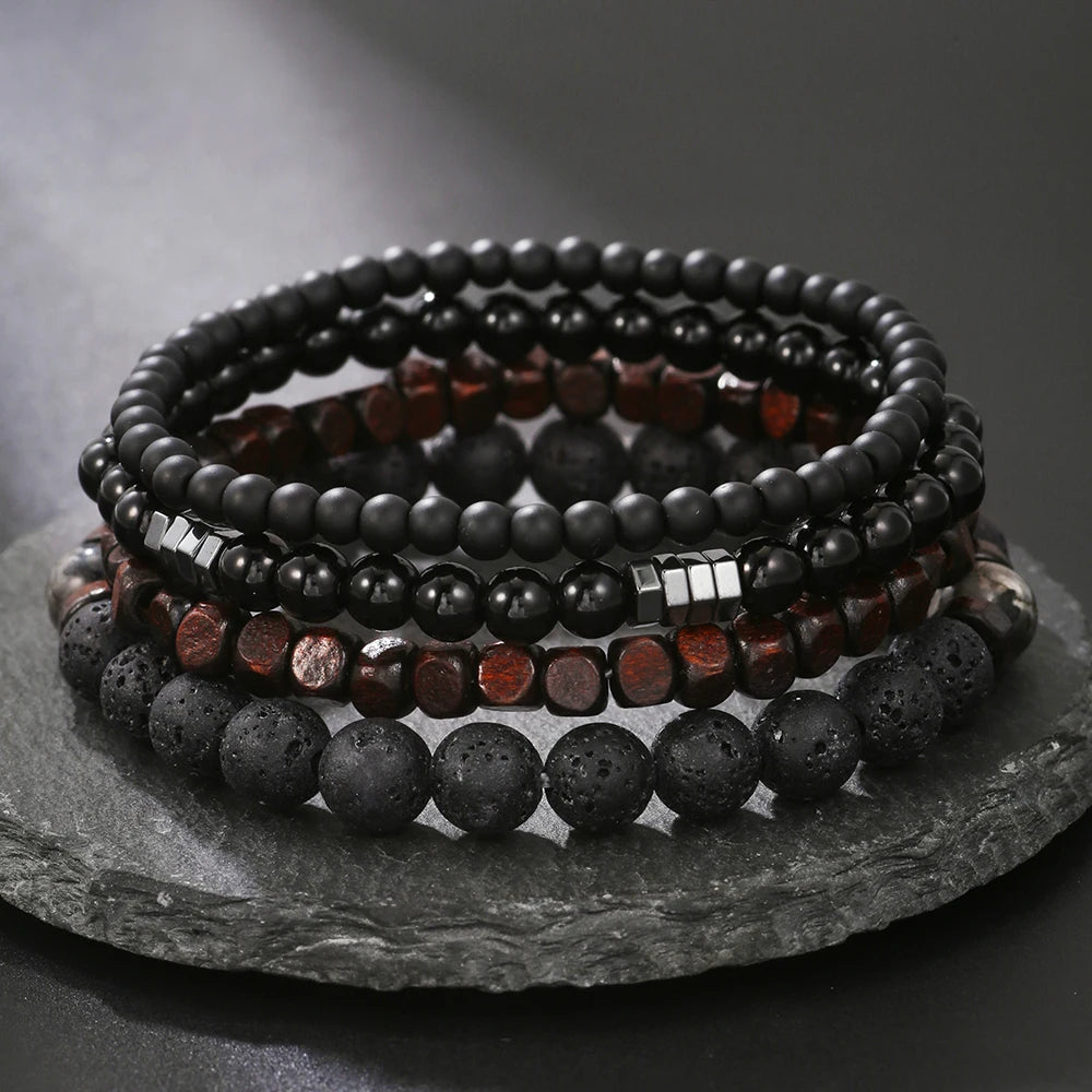 4 Teile/satz Schwarz Gall Stein Vulkanstein Holz Perlen Multi-schicht männer Kombination Elastische Armband Für Paar Freunde schmuck