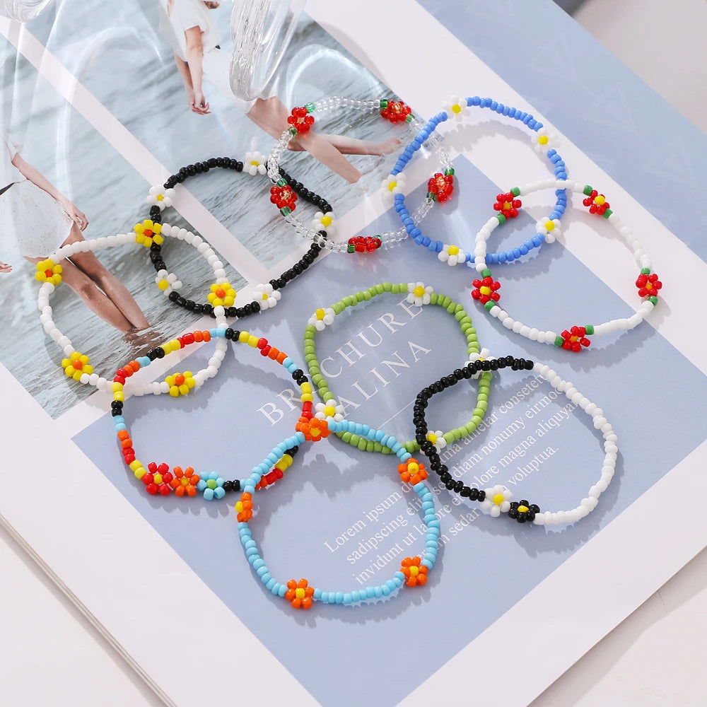FNIO Neues Perlen-Fußkettchen, Samenperlen, verstellbar, buntes Blumen-Knöchelarmband am Bein, trendiger Schmuck für Frauen