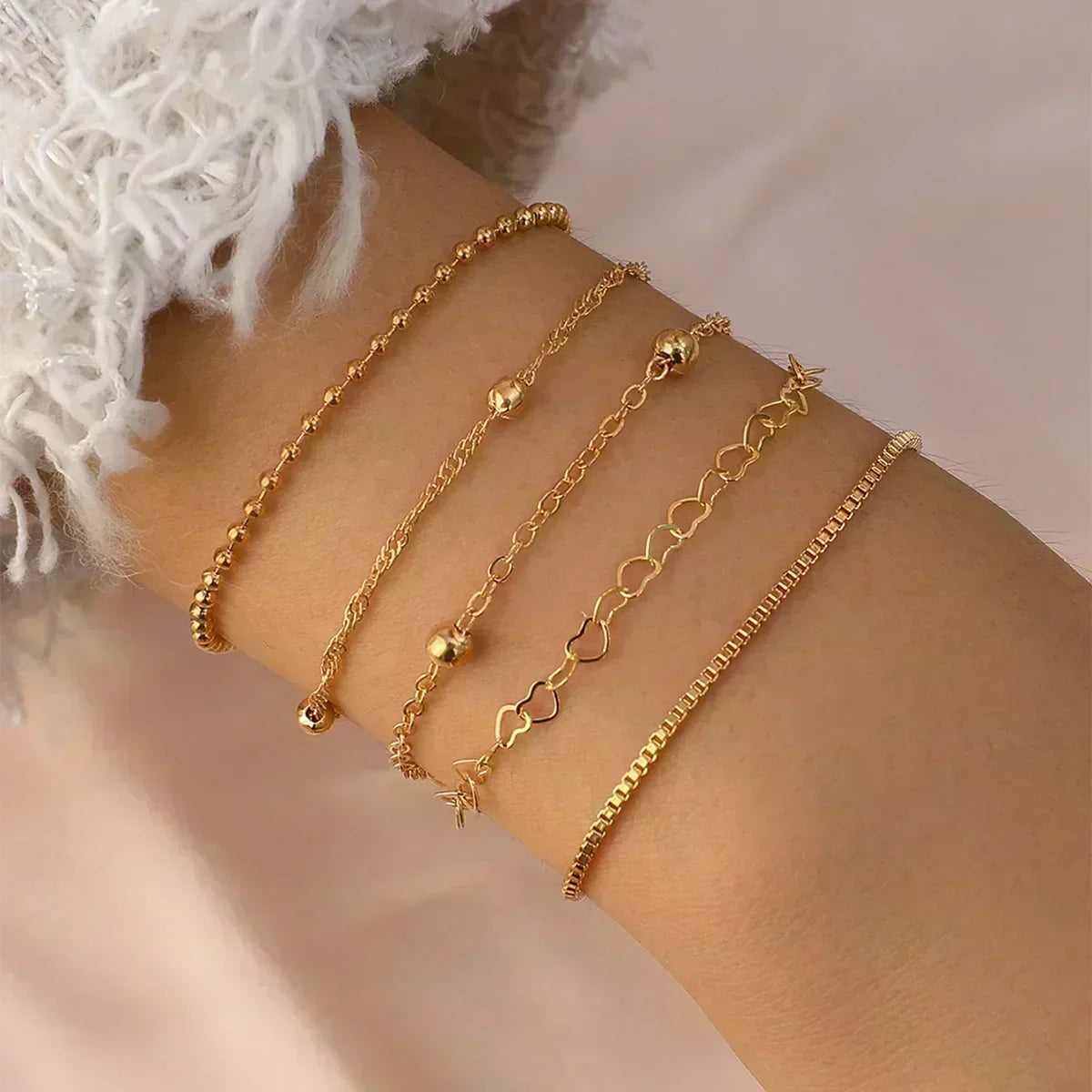 5 teile/satz Mode Silber Farbe Herz Perlen Kette Armbänder für Frauen trend ige geometrische Armbänder Set Party Schmuck Accessoires